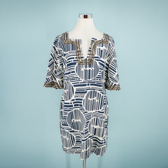 Trina Turk Size 12 Blue Bead Sequin Print V Neck Short Sleeve Cotton Mini Dress - Picture 1 of 6